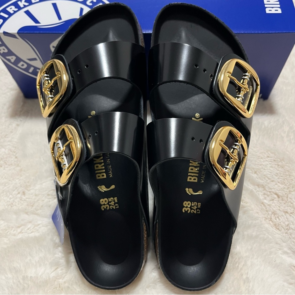 Birkenstock Arizona Big Buckle Sandals Natural Leather Patent High Shine Black - Picture 9 of 13